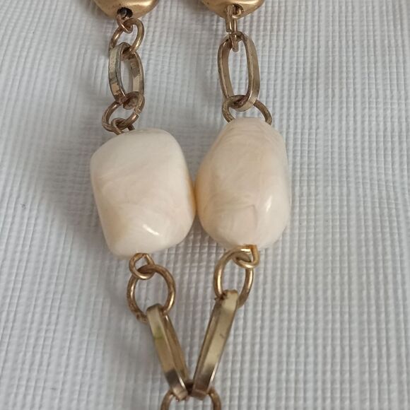 Express Gold Toned & White Alternating Beaded Tassel Pendant Statement Necklace - Picture 6 of 12